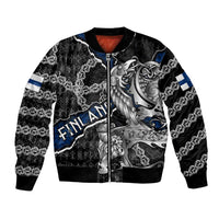 Personalized Finland Vikings Bomber Jacket Nordic Lion Bound in Runes and Chains