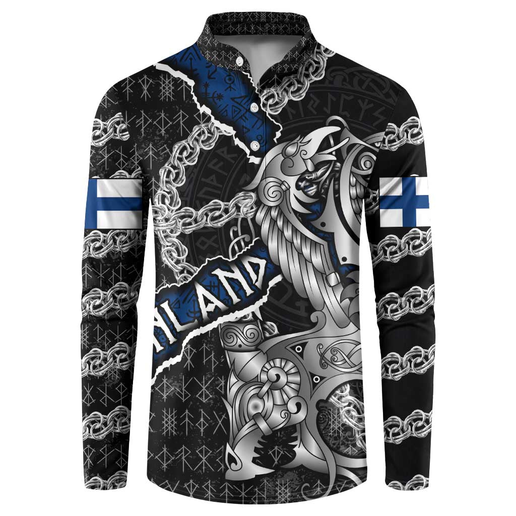 Personalized Finland Vikings Button Sweatshirt Nordic Lion Bound in Runes and Chains