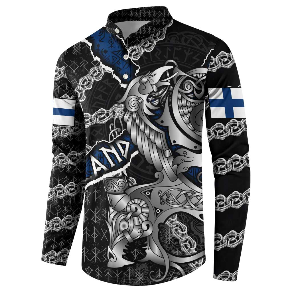 Personalized Finland Vikings Button Sweatshirt Nordic Lion Bound in Runes and Chains
