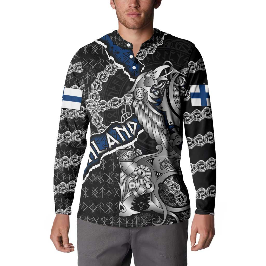Personalized Finland Vikings Button Sweatshirt Nordic Lion Bound in Runes and Chains