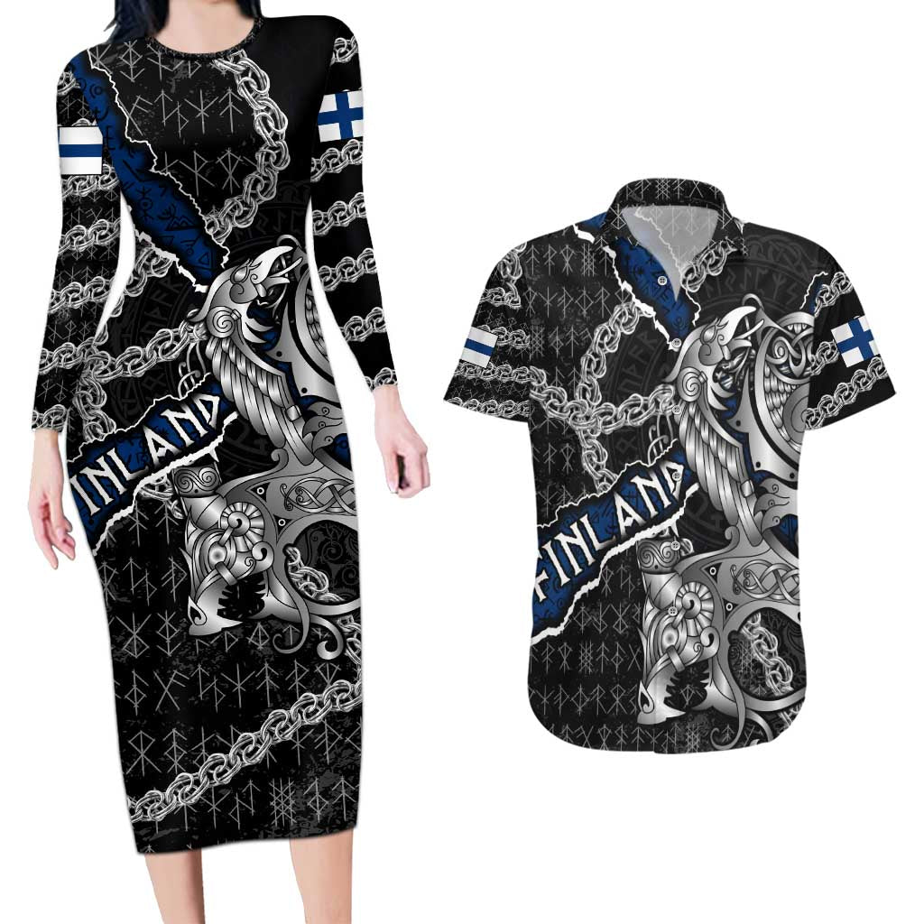 Personalized Finland Vikings Couples Matching Long Sleeve Bodycon Dress and Hawaiian Shirt Nordic Lion Bound in Runes and Chains