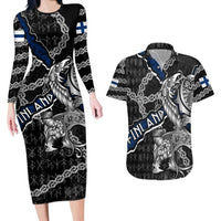 Personalized Finland Vikings Couples Matching Long Sleeve Bodycon Dress and Hawaiian Shirt Nordic Lion Bound in Runes and Chains