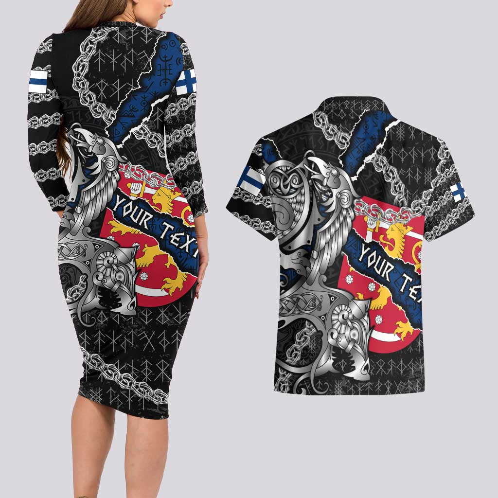 Personalized Finland Vikings Couples Matching Long Sleeve Bodycon Dress and Hawaiian Shirt Nordic Lion Bound in Runes and Chains