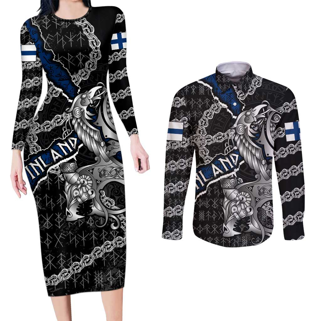 Personalized Finland Vikings Couples Matching Long Sleeve Bodycon Dress and Long Sleeve Button Shirt Nordic Lion Bound in Runes and Chains