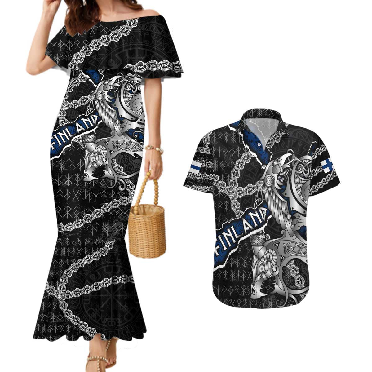 Personalized Finland Vikings Couples Matching Mermaid Dress and Hawaiian Shirt Nordic Lion Bound in Runes and Chains