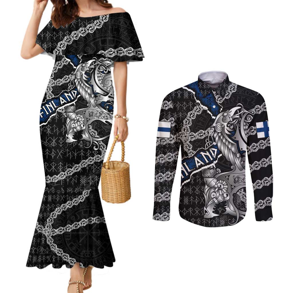 Personalized Finland Vikings Couples Matching Mermaid Dress and Long Sleeve Button Shirt Nordic Lion Bound in Runes and Chains