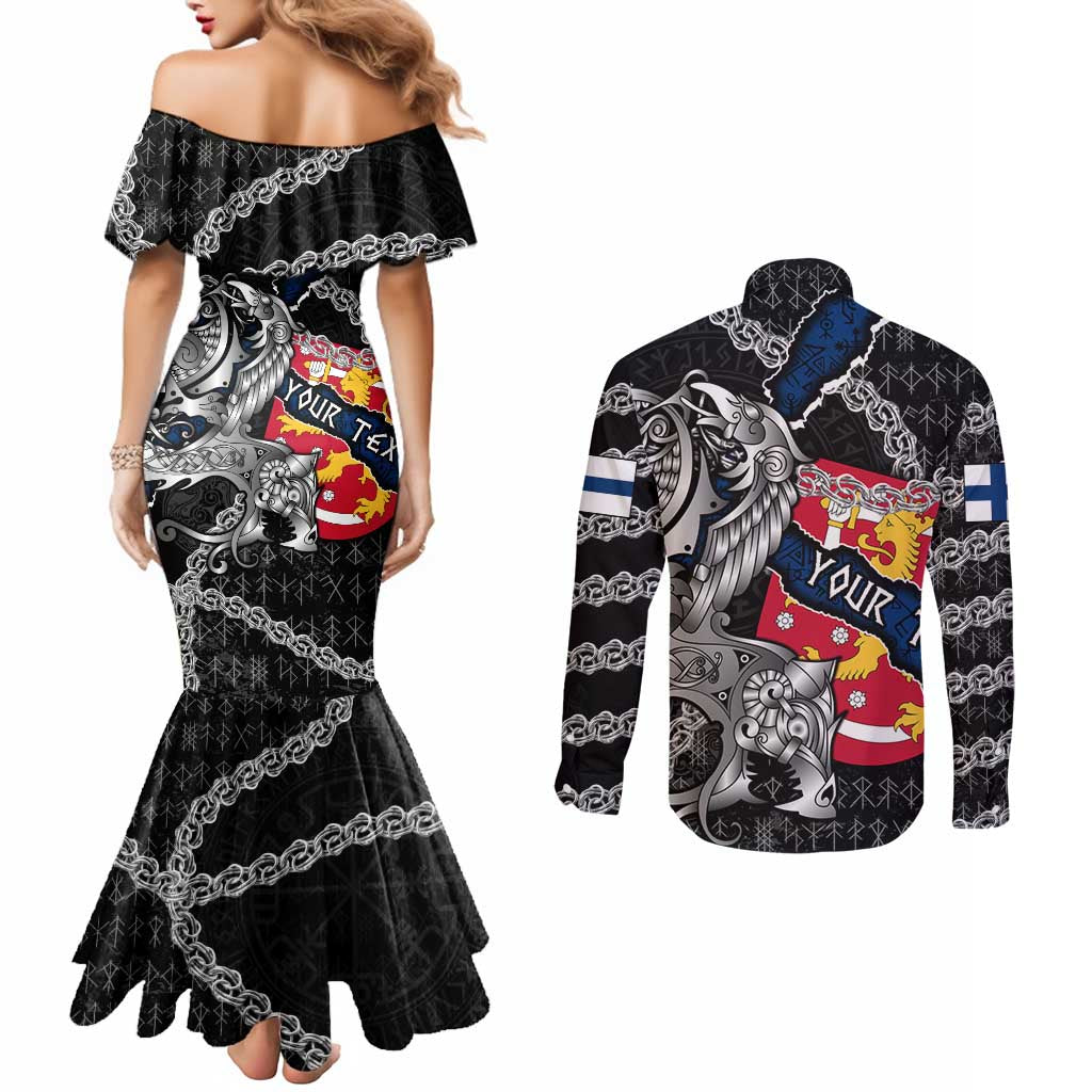 Personalized Finland Vikings Couples Matching Mermaid Dress and Long Sleeve Button Shirt Nordic Lion Bound in Runes and Chains