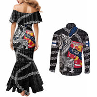 Personalized Finland Vikings Couples Matching Mermaid Dress and Long Sleeve Button Shirt Nordic Lion Bound in Runes and Chains