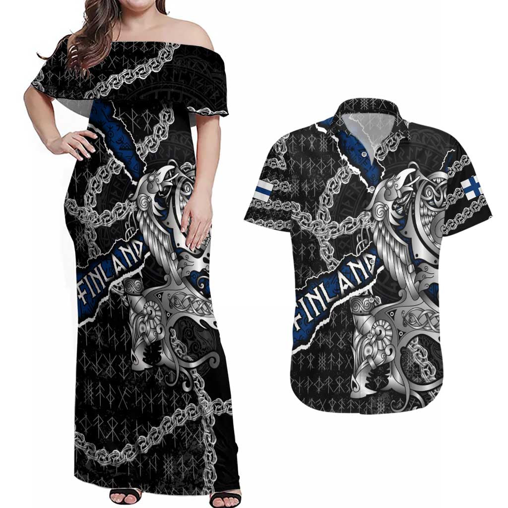 Personalized Finland Vikings Couples Matching Off Shoulder Maxi Dress and Hawaiian Shirt Nordic Lion Bound in Runes and Chains