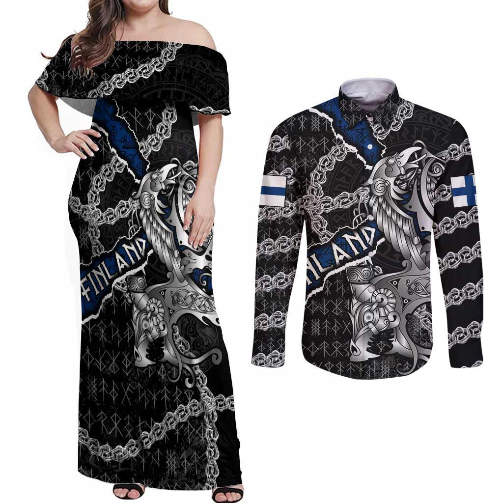 Personalized Finland Vikings Couples Matching Off Shoulder Maxi Dress and Long Sleeve Button Shirt Nordic Lion Bound in Runes and Chains