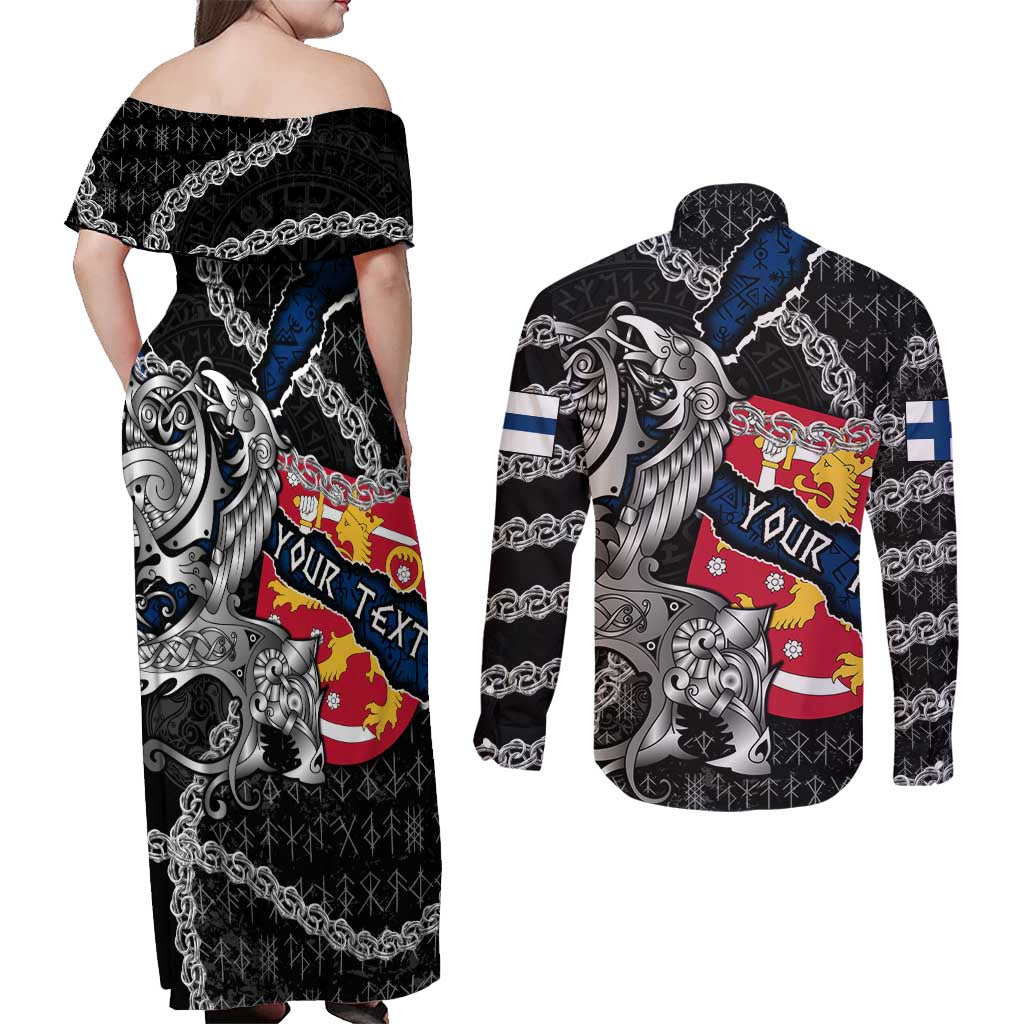 Personalized Finland Vikings Couples Matching Off Shoulder Maxi Dress and Long Sleeve Button Shirt Nordic Lion Bound in Runes and Chains