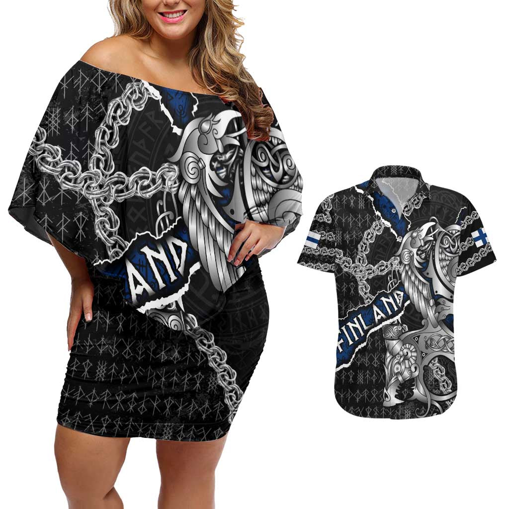 Personalized Finland Vikings Couples Matching Off Shoulder Short Dress and Hawaiian Shirt Nordic Lion Bound in Runes and Chains