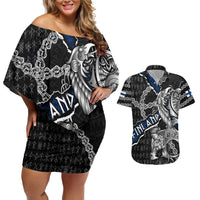 Personalized Finland Vikings Couples Matching Off Shoulder Short Dress and Hawaiian Shirt Nordic Lion Bound in Runes and Chains