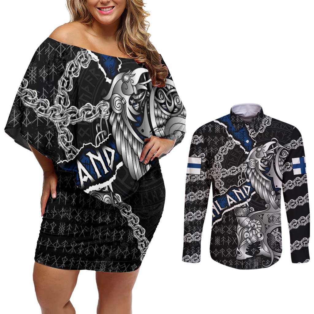 Personalized Finland Vikings Couples Matching Off Shoulder Short Dress and Long Sleeve Button Shirt Nordic Lion Bound in Runes and Chains