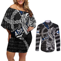 Personalized Finland Vikings Couples Matching Off Shoulder Short Dress and Long Sleeve Button Shirt Nordic Lion Bound in Runes and Chains