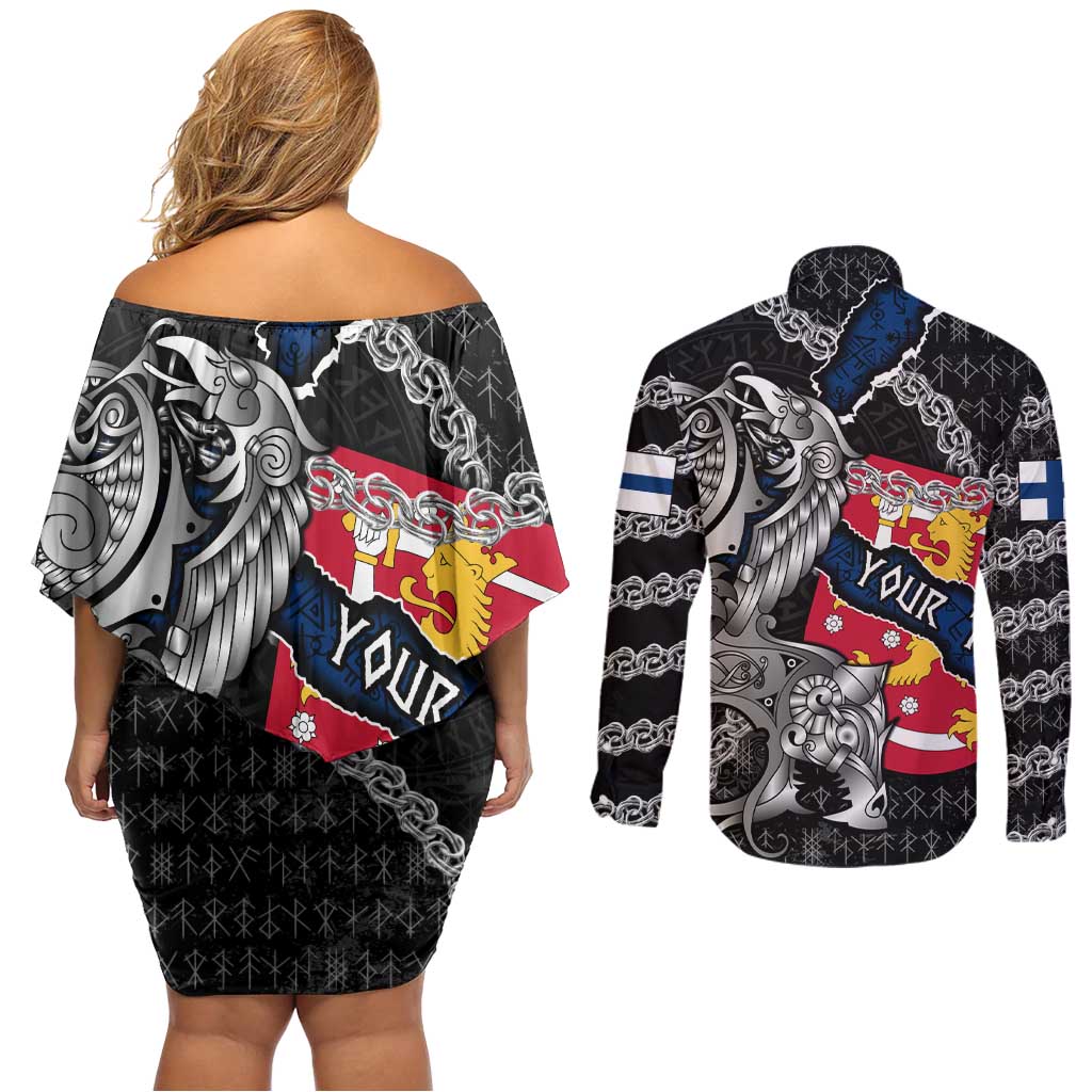 Personalized Finland Vikings Couples Matching Off Shoulder Short Dress and Long Sleeve Button Shirt Nordic Lion Bound in Runes and Chains