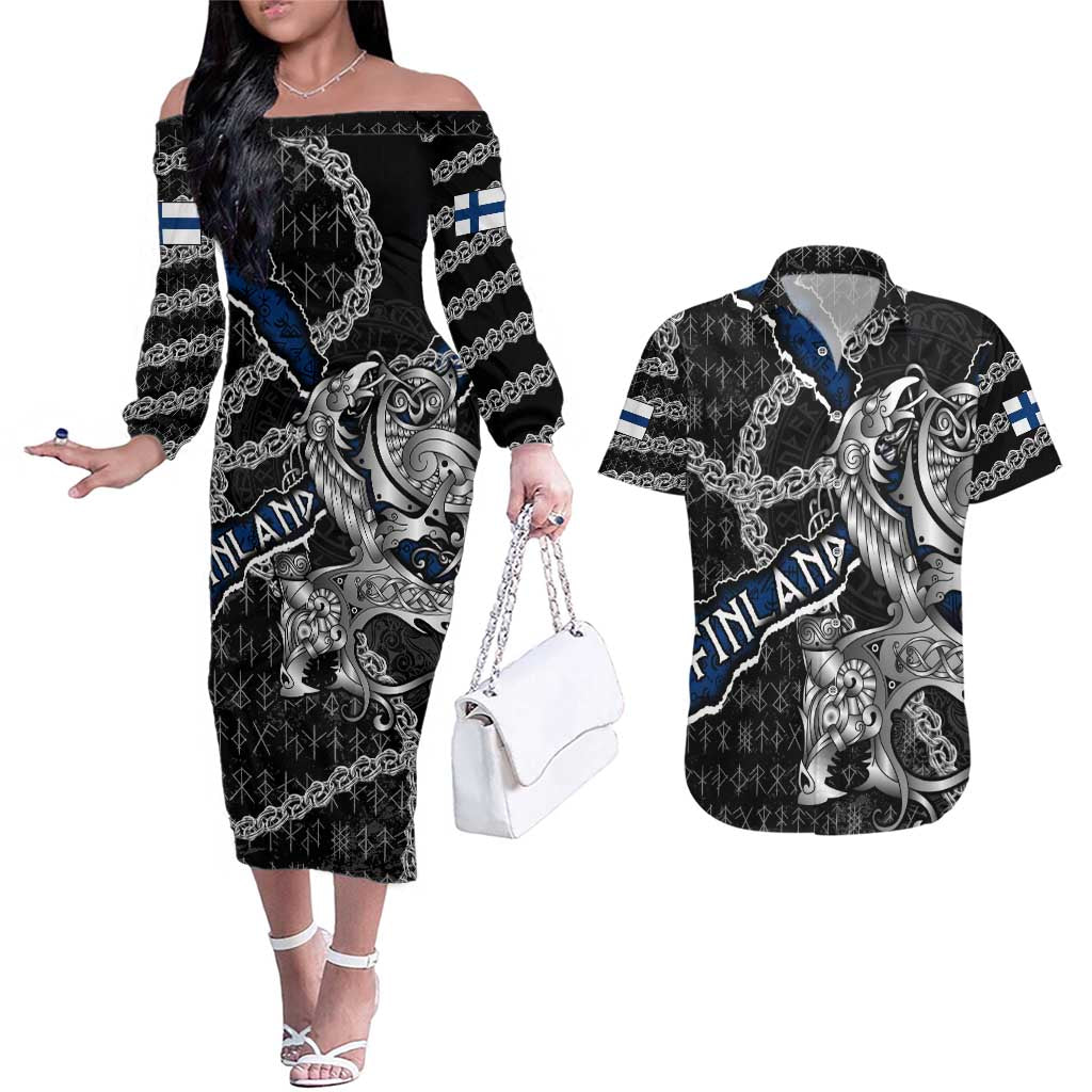 Personalized Finland Vikings Couples Matching Off The Shoulder Long Sleeve Dress and Hawaiian Shirt Nordic Lion Bound in Runes and Chains