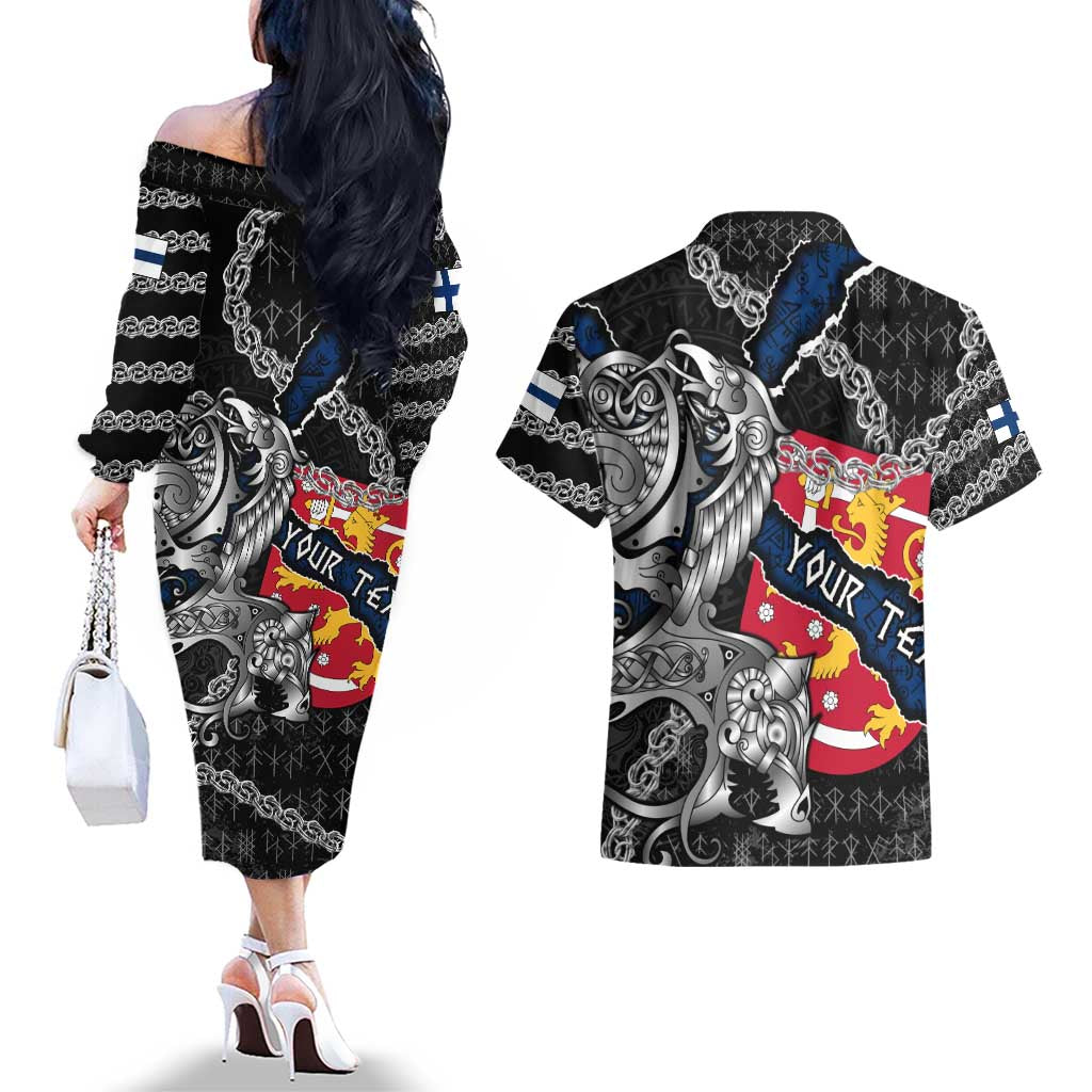 Personalized Finland Vikings Couples Matching Off The Shoulder Long Sleeve Dress and Hawaiian Shirt Nordic Lion Bound in Runes and Chains