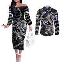 Personalized Finland Vikings Couples Matching Off The Shoulder Long Sleeve Dress and Long Sleeve Button Shirt Nordic Lion Bound in Runes and Chains