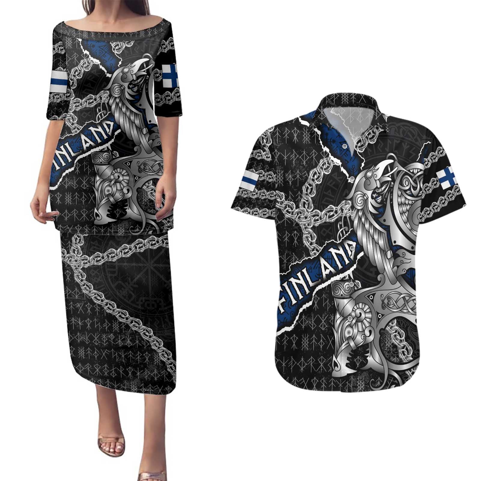 Personalized Finland Vikings Couples Matching Puletasi and Hawaiian Shirt Nordic Lion Bound in Runes and Chains