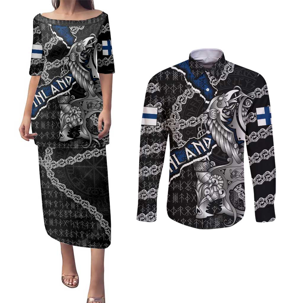 Personalized Finland Vikings Couples Matching Puletasi and Long Sleeve Button Shirt Nordic Lion Bound in Runes and Chains