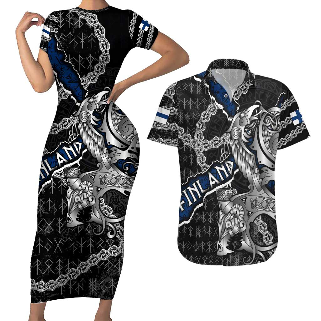 Personalized Finland Vikings Couples Matching Short Sleeve Bodycon Dress and Hawaiian Shirt Nordic Lion Bound in Runes and Chains