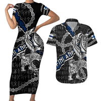 Personalized Finland Vikings Couples Matching Short Sleeve Bodycon Dress and Hawaiian Shirt Nordic Lion Bound in Runes and Chains