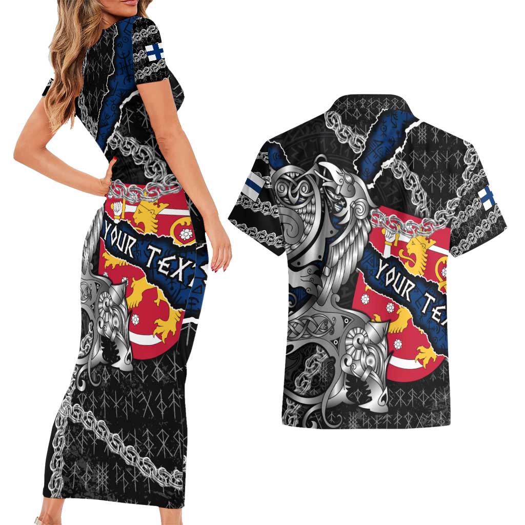 Personalized Finland Vikings Couples Matching Short Sleeve Bodycon Dress and Hawaiian Shirt Nordic Lion Bound in Runes and Chains