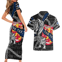 Personalized Finland Vikings Couples Matching Short Sleeve Bodycon Dress and Hawaiian Shirt Nordic Lion Bound in Runes and Chains