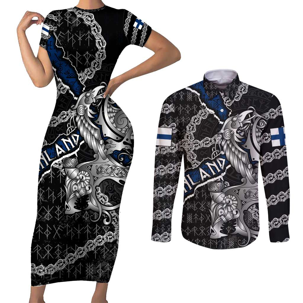 Personalized Finland Vikings Couples Matching Short Sleeve Bodycon Dress and Long Sleeve Button Shirt Nordic Lion Bound in Runes and Chains
