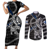 Personalized Finland Vikings Couples Matching Short Sleeve Bodycon Dress and Long Sleeve Button Shirt Nordic Lion Bound in Runes and Chains