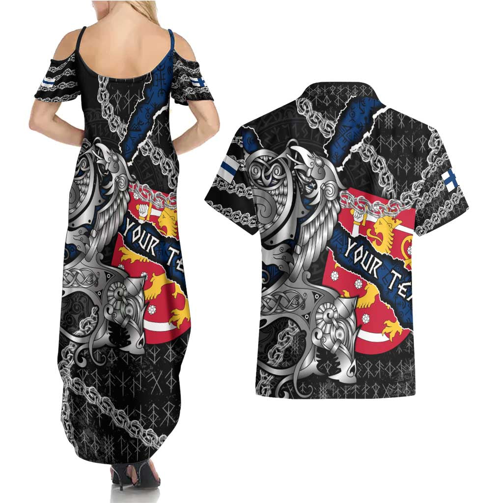 Personalized Finland Vikings Couples Matching Summer Maxi Dress and Hawaiian Shirt Nordic Lion Bound in Runes and Chains