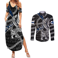 Personalized Finland Vikings Couples Matching Summer Maxi Dress and Long Sleeve Button Shirt Nordic Lion Bound in Runes and Chains