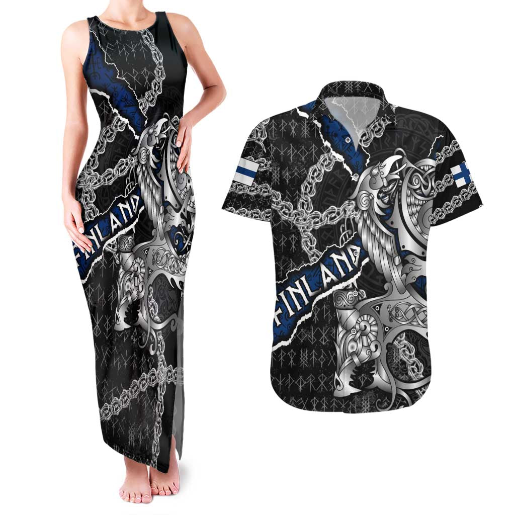 Personalized Finland Vikings Couples Matching Tank Maxi Dress and Hawaiian Shirt Nordic Lion Bound in Runes and Chains