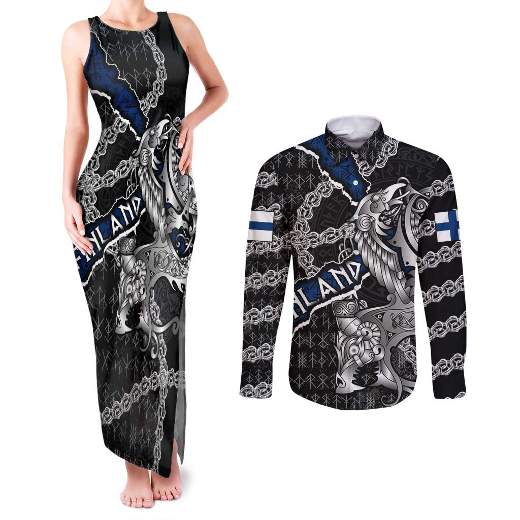 Personalized Finland Vikings Couples Matching Tank Maxi Dress and Long Sleeve Button Shirt Nordic Lion Bound in Runes and Chains