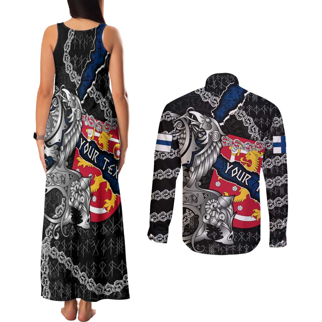 Personalized Finland Vikings Couples Matching Tank Maxi Dress and Long Sleeve Button Shirt Nordic Lion Bound in Runes and Chains