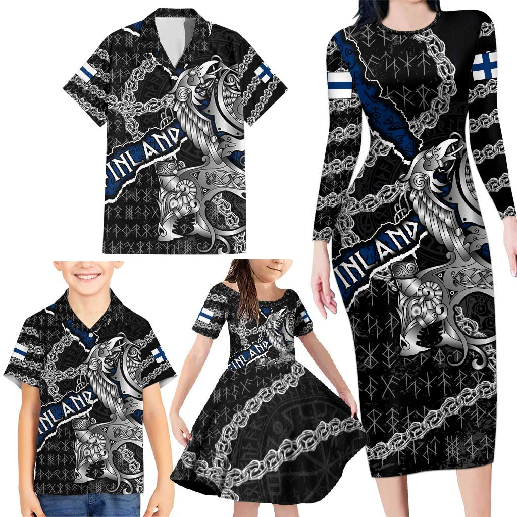 Personalized Finland Vikings Family Matching Long Sleeve Bodycon Dress and Hawaiian Shirt Nordic Lion Bound in Runes and Chains