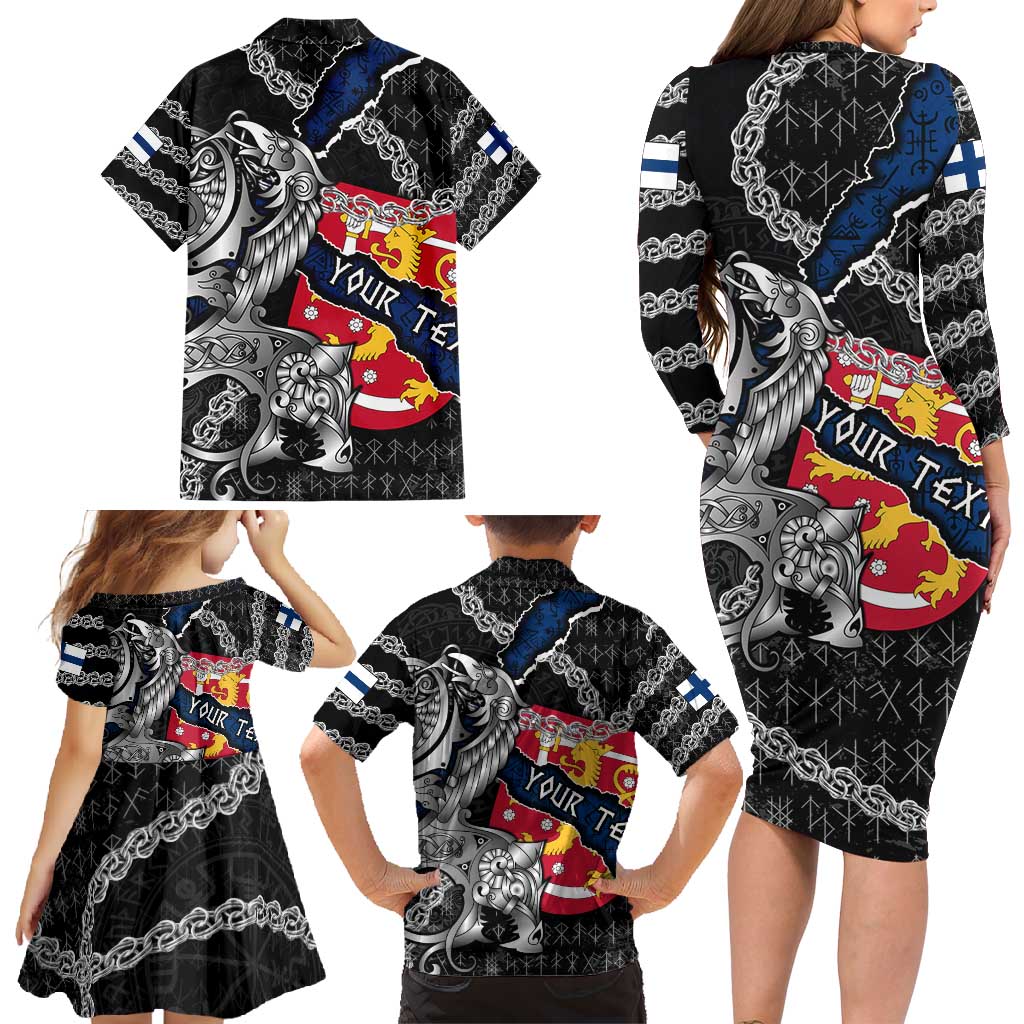 Personalized Finland Vikings Family Matching Long Sleeve Bodycon Dress and Hawaiian Shirt Nordic Lion Bound in Runes and Chains
