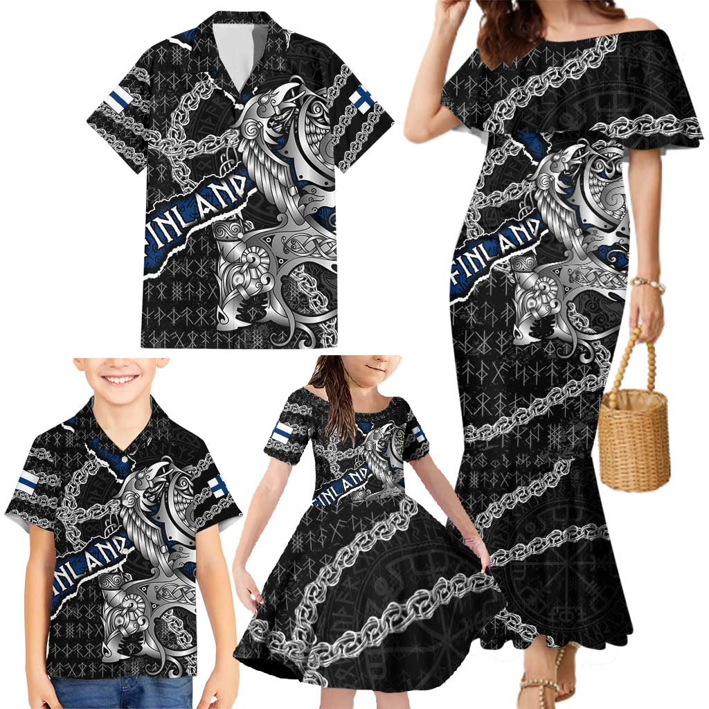 Personalized Finland Vikings Family Matching Mermaid Dress and Hawaiian Shirt Nordic Lion Bound in Runes and Chains