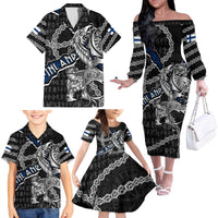 Personalized Finland Vikings Family Matching Off The Shoulder Long Sleeve Dress and Hawaiian Shirt Nordic Lion Bound in Runes and Chains