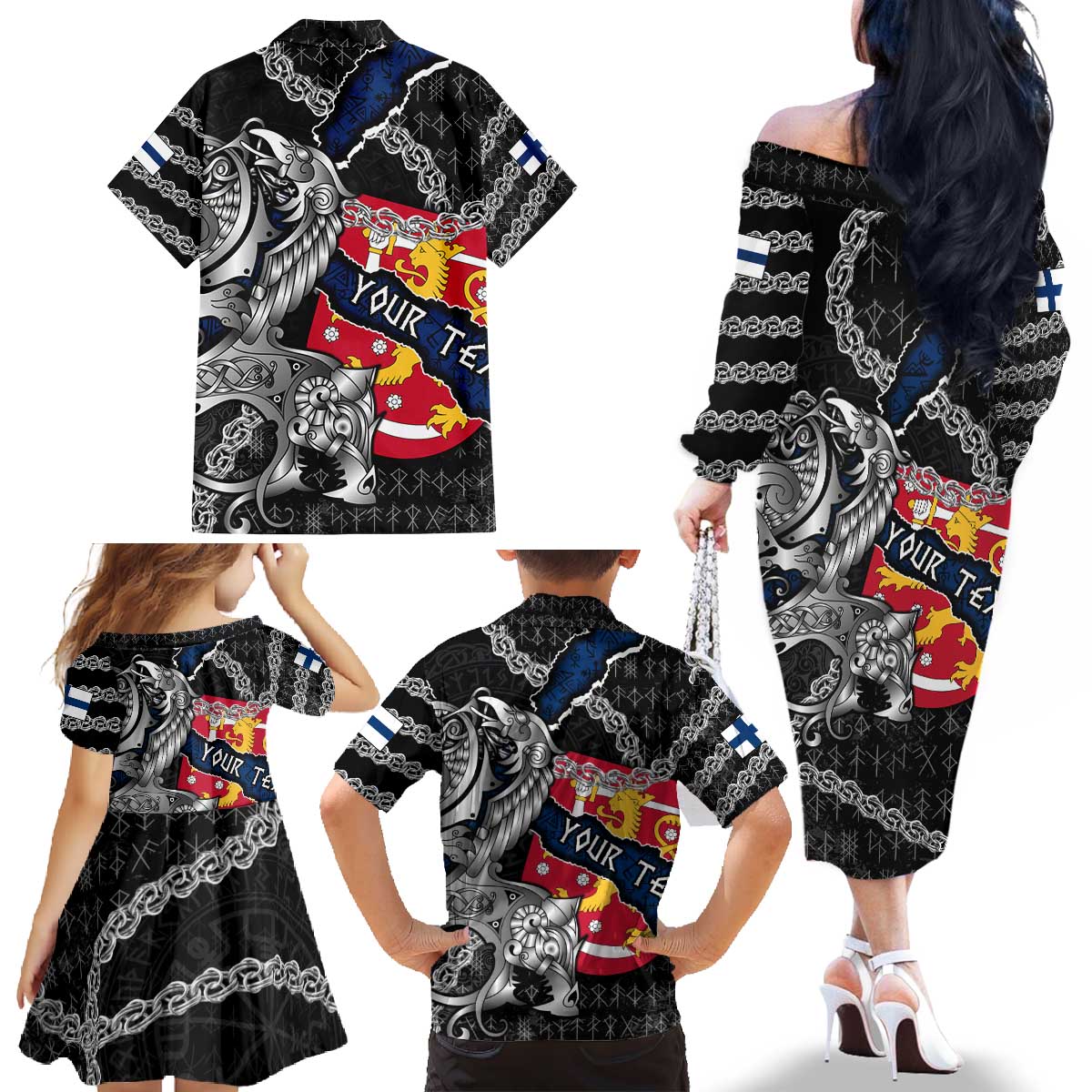 Personalized Finland Vikings Family Matching Off The Shoulder Long Sleeve Dress and Hawaiian Shirt Nordic Lion Bound in Runes and Chains