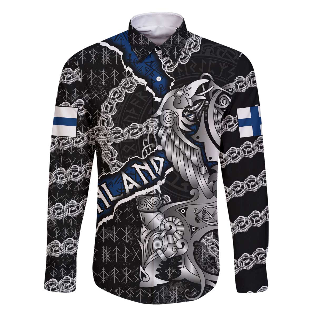 Personalized Finland Vikings Family Matching Off The Shoulder Long Sleeve Dress and Hawaiian Shirt Nordic Lion Bound in Runes and Chains