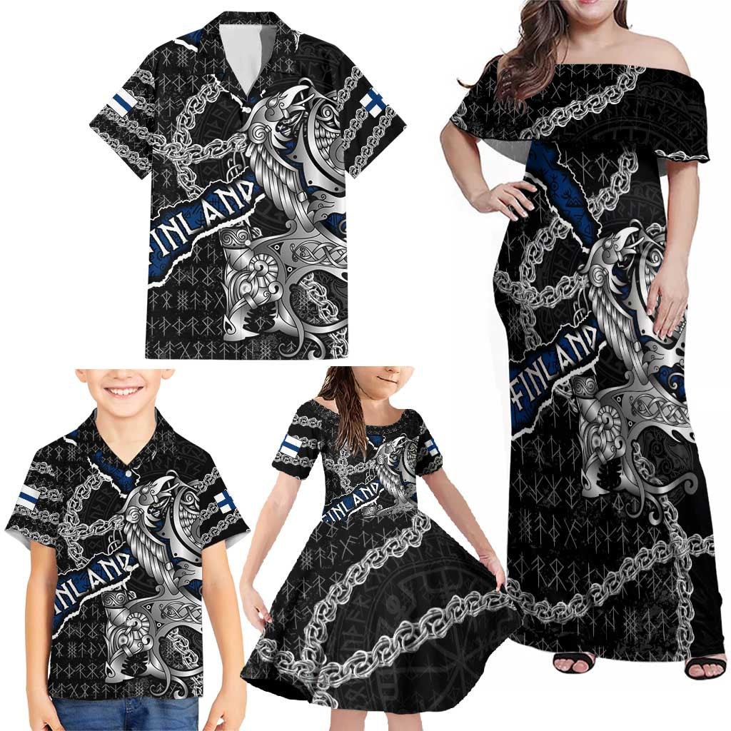Personalized Finland Vikings Family Matching Off Shoulder Maxi Dress and Hawaiian Shirt Nordic Lion Bound in Runes and Chains