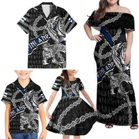 Personalized Finland Vikings Family Matching Off Shoulder Maxi Dress and Hawaiian Shirt Nordic Lion Bound in Runes and Chains