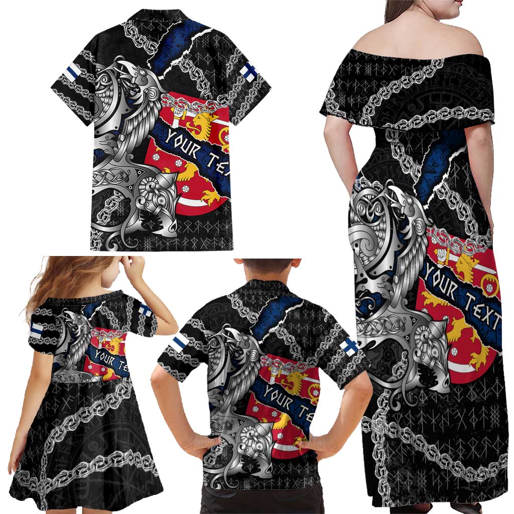 Personalized Finland Vikings Family Matching Off Shoulder Maxi Dress and Hawaiian Shirt Nordic Lion Bound in Runes and Chains