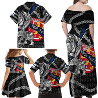 Personalized Finland Vikings Family Matching Off Shoulder Maxi Dress and Hawaiian Shirt Nordic Lion Bound in Runes and Chains
