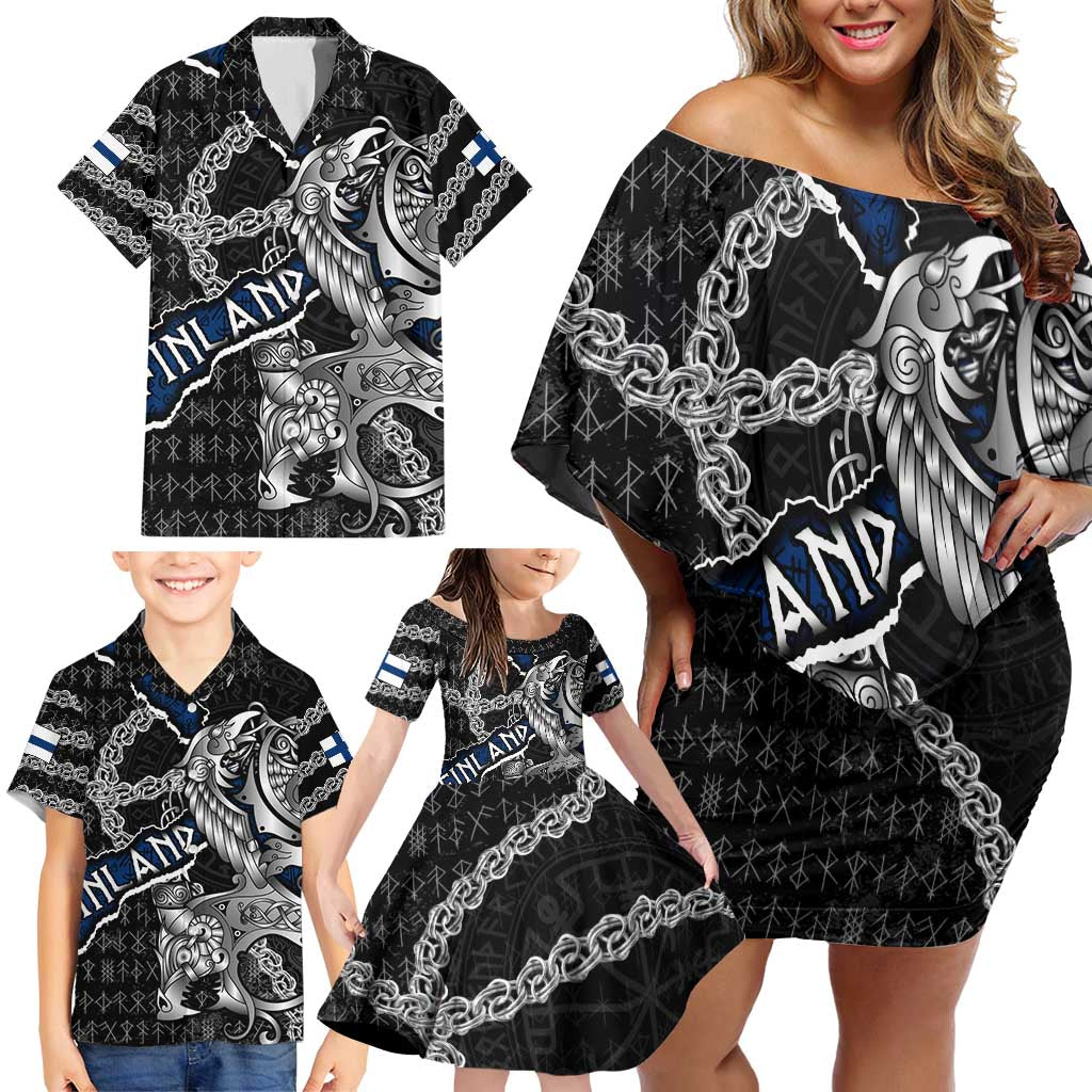 Personalized Finland Vikings Family Matching Off Shoulder Short Dress and Hawaiian Shirt Nordic Lion Bound in Runes and Chains