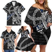 Personalized Finland Vikings Family Matching Off Shoulder Short Dress and Hawaiian Shirt Nordic Lion Bound in Runes and Chains