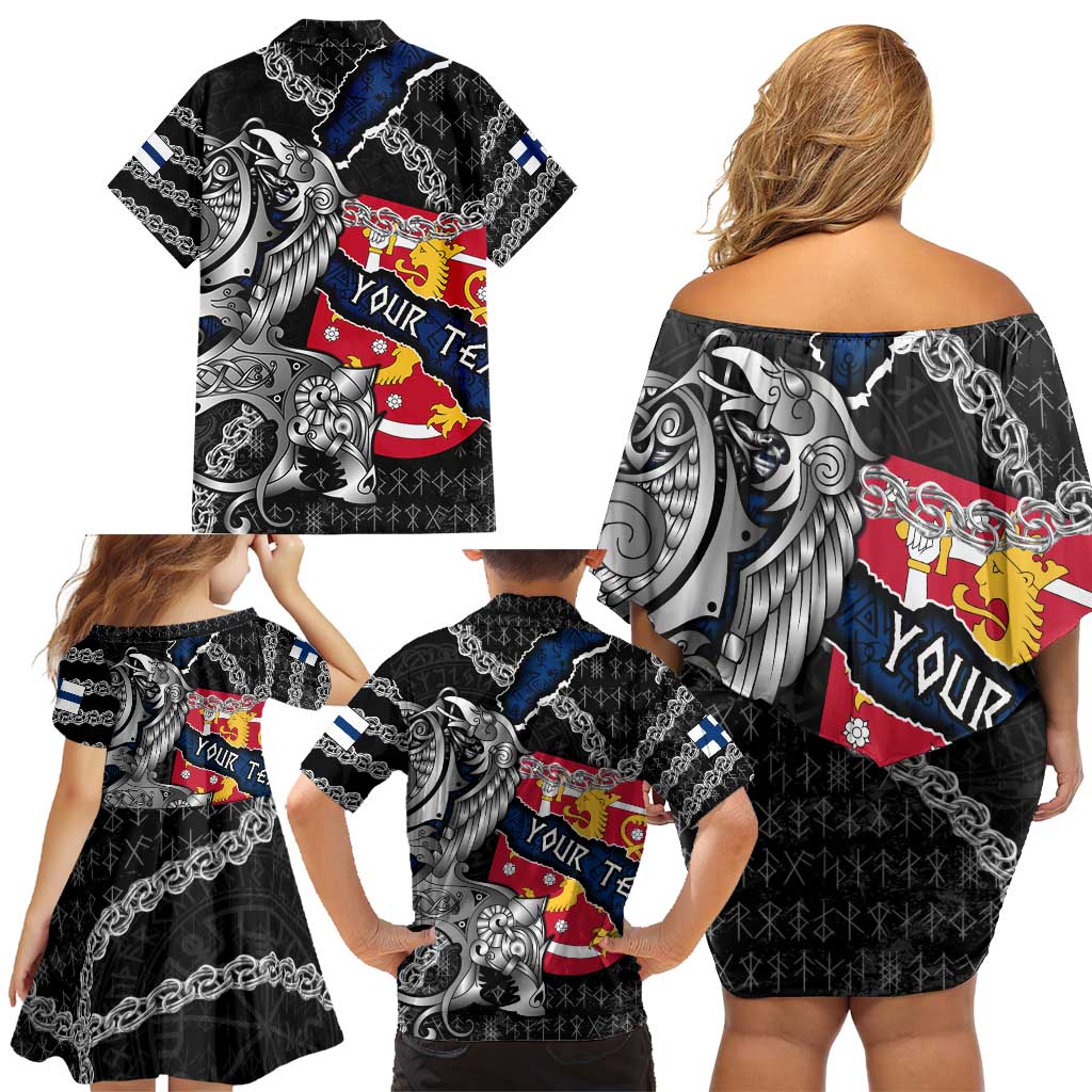 Personalized Finland Vikings Family Matching Off Shoulder Short Dress and Hawaiian Shirt Nordic Lion Bound in Runes and Chains