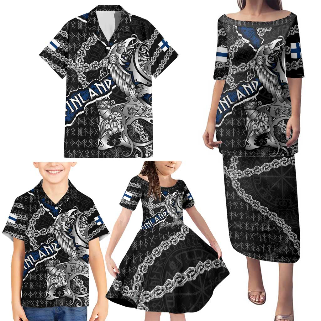 Personalized Finland Vikings Family Matching Puletasi and Hawaiian Shirt Nordic Lion Bound in Runes and Chains